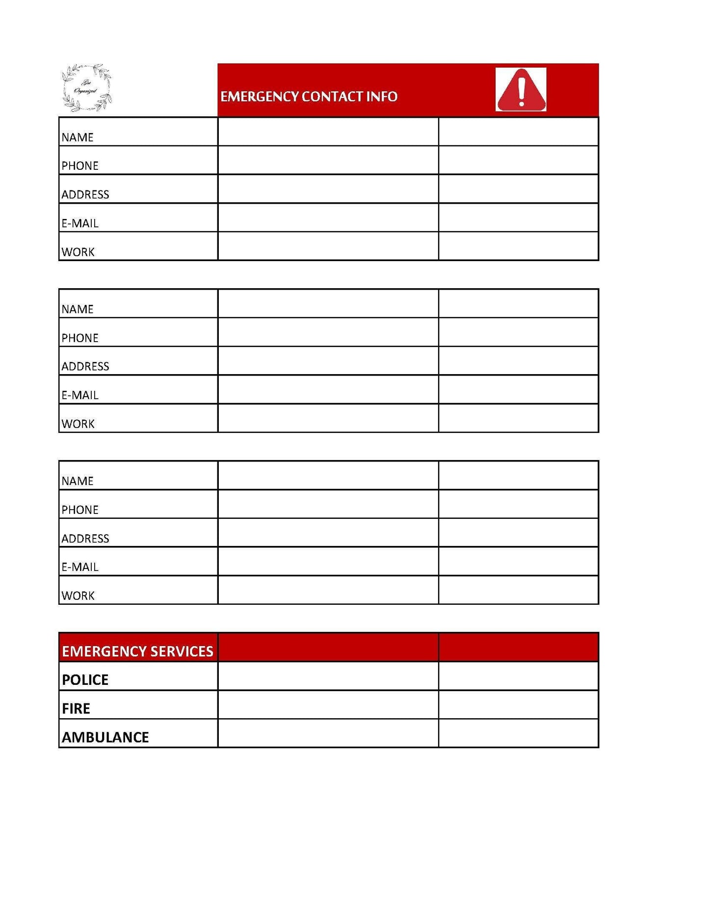 Emergency Contact Sheet (Digital Download)