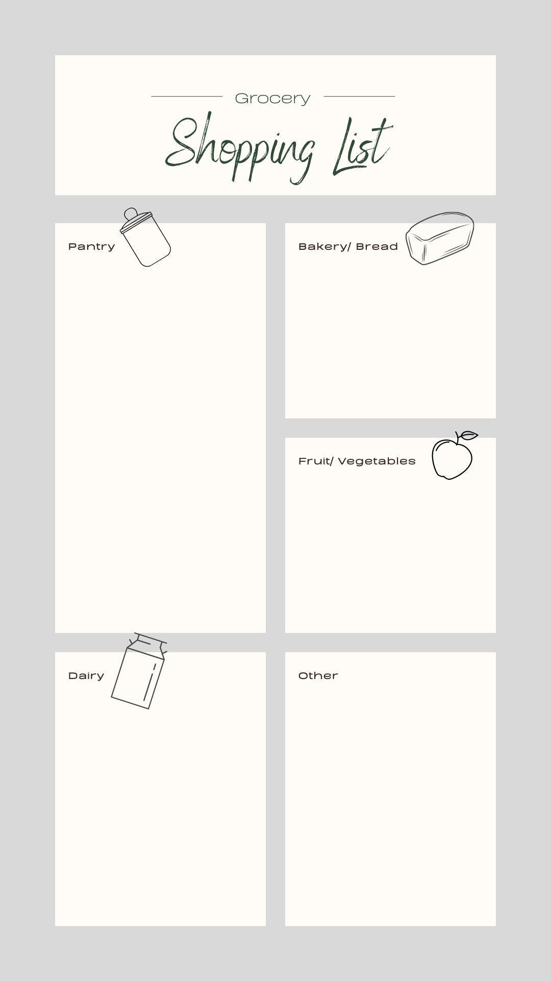 Printable Grocery Shopping List with Sub-headings (Digital Download)